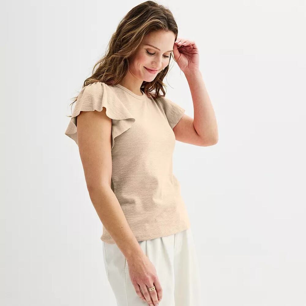NWT Sonoma Serenity Beige Ribbed Knit Short Flutter Sleeve Top Women's Size XL - Picture 1 of 7